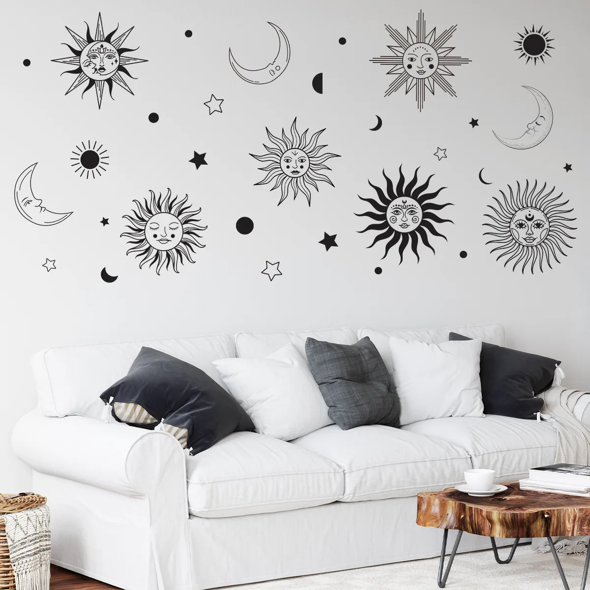 Creative Boho Sun Moon Face Wall Stickers Peel and Stick Vinyl Bohemia Art Wall Decals for Bedroom Living Room Study Decoration