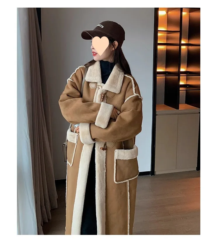 2025 nouveau hiver chaud épaissi femme corne bouton manteau tempérament peau de cerf fourrure agneau laine manteau sur genou longueur manteau