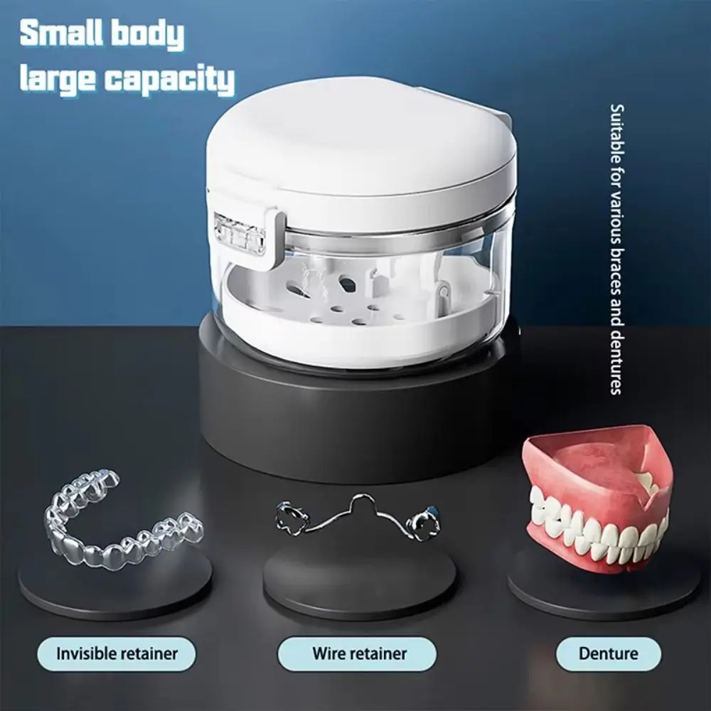 Double Layer Orthodontic Retainer Box Leak-proof Magnetic Cap Denture Soaking Cup Draining with Mirror False Teeth Holder