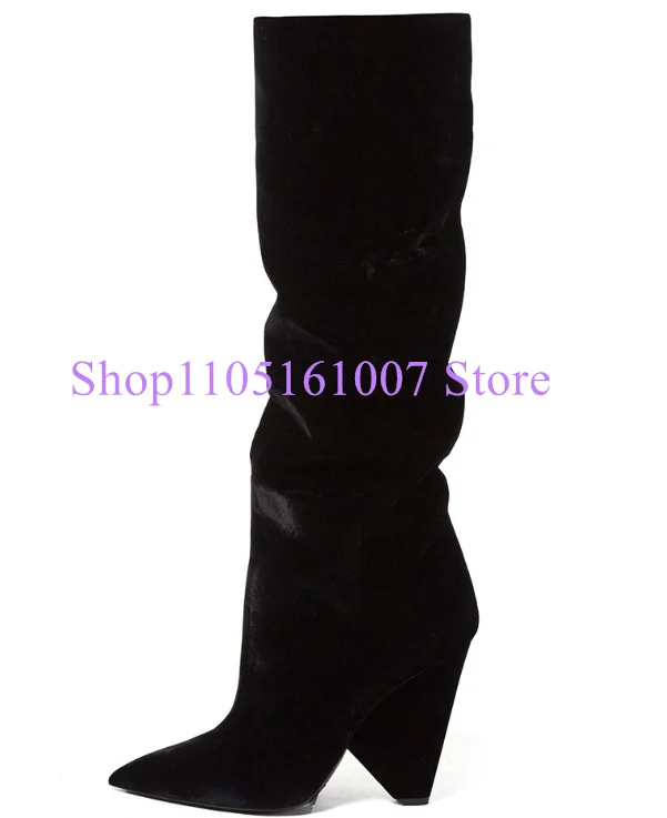 Black Velvet Spike Heels Woman Long Boots Sexy Pointed Toe Lady Knee High Boots Large Size Banquet Shoes