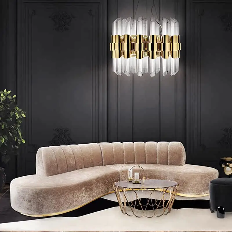*Luxury Living Room Sofa Showcasing Stainless Steel Legs and Glossy Golden Metal, Modern Round Curve Lounge for Villa Decoration