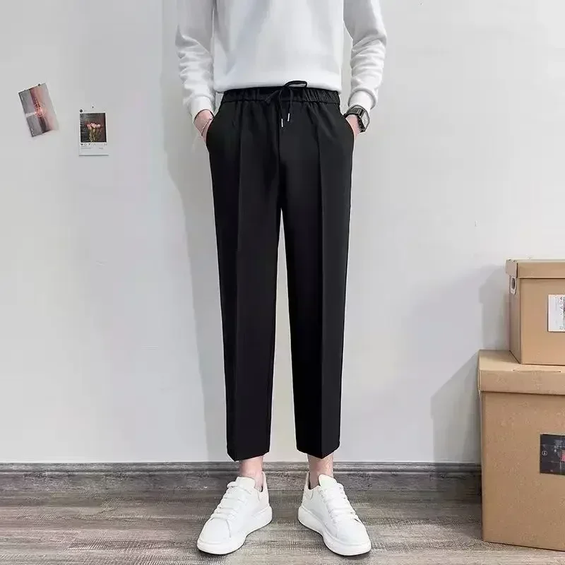 

Men's Casual Pants Korean Fashion Solid Color Elastic Waist Loose Straight Trousers Ankle Length Suit Pants