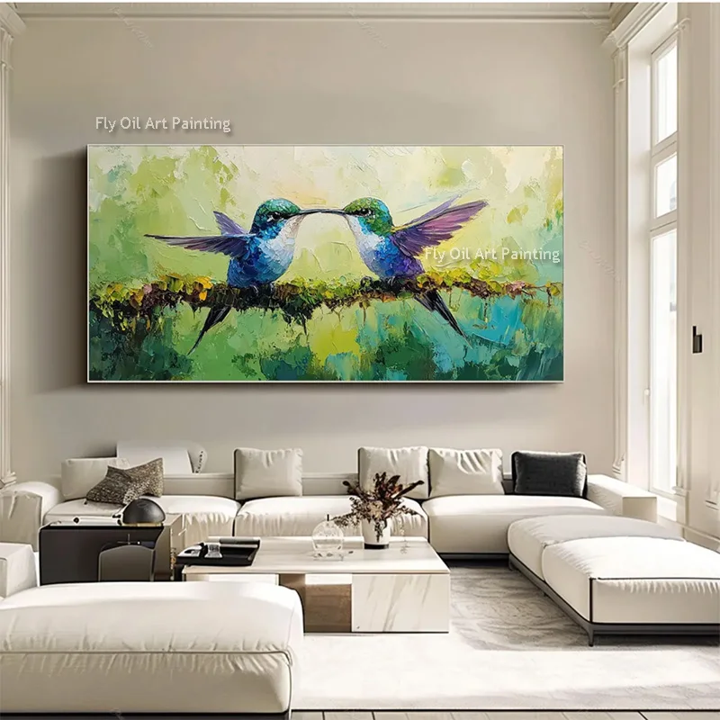 New Popular Design Artwork Handmade Orange Red Birds Canvas Oil Painting Large Simple Green Blue Animals Wall Art For Home Decor