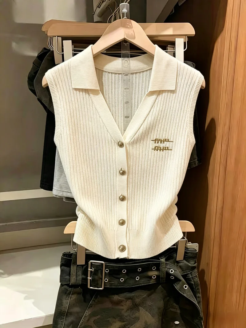 

Slimming Knitted Vest Top Women's Collar Sleeveless Summer Outerwear Self-Keeping Style Korean Version Fashion Silk Mate...
