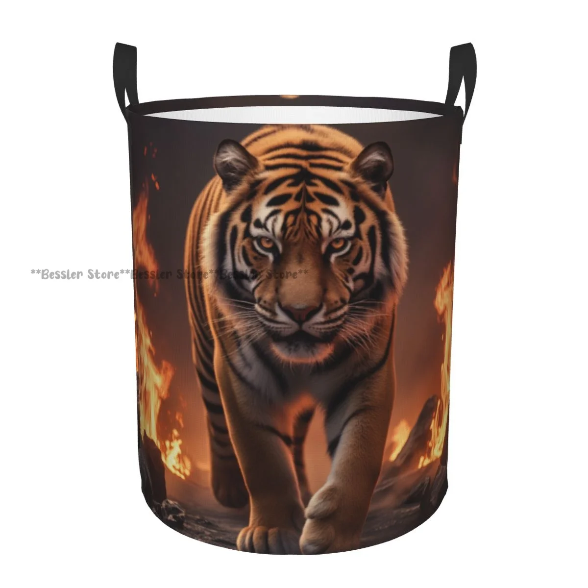 

Laundry Basket Tiger Print Round Storage Bin Collapsible Hamper Clothes Bucket Organizer