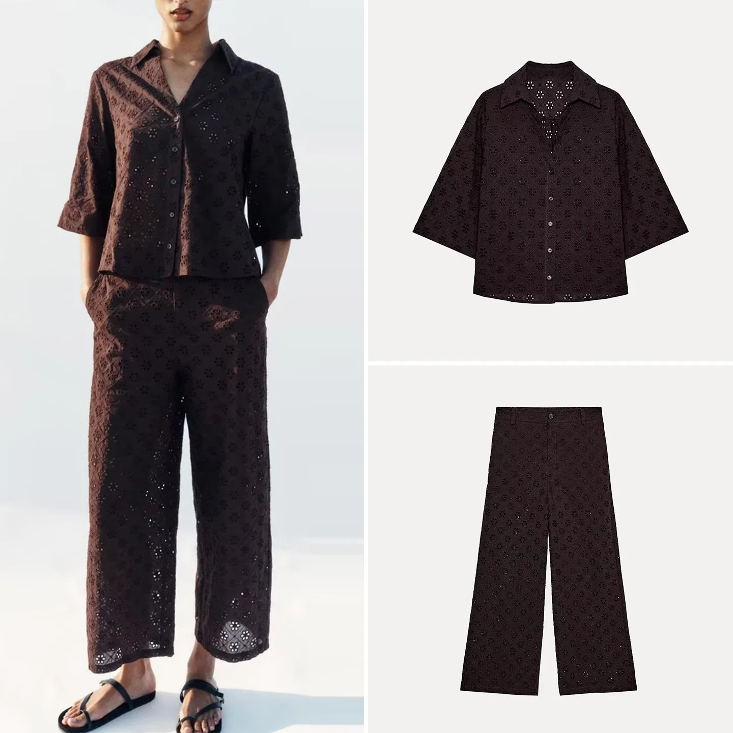 

Spring 2026 Women's Fashion Shirt And Wide Leg Pants Set Embroidered Hollow out Design Long Pants Casual Comfortable Outfit