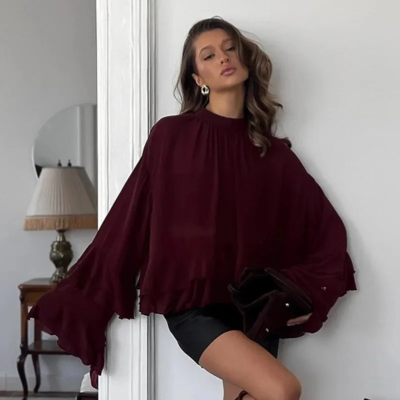 Fashion Women See-Through Ruffled Long Sleeve Blouse Casual Vintage O-Neck Elastic Drawstring Top Chic Summer Versatile Shirts