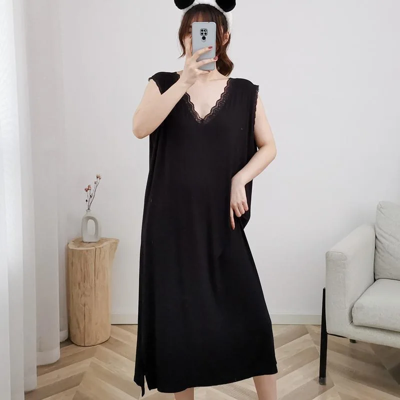 150kg Plus Size V-neck V-Back Long Nightgown Women's Korean Loose Pajama Dress Sleeveless Vest Sleepwear Lace Splicing Homewear