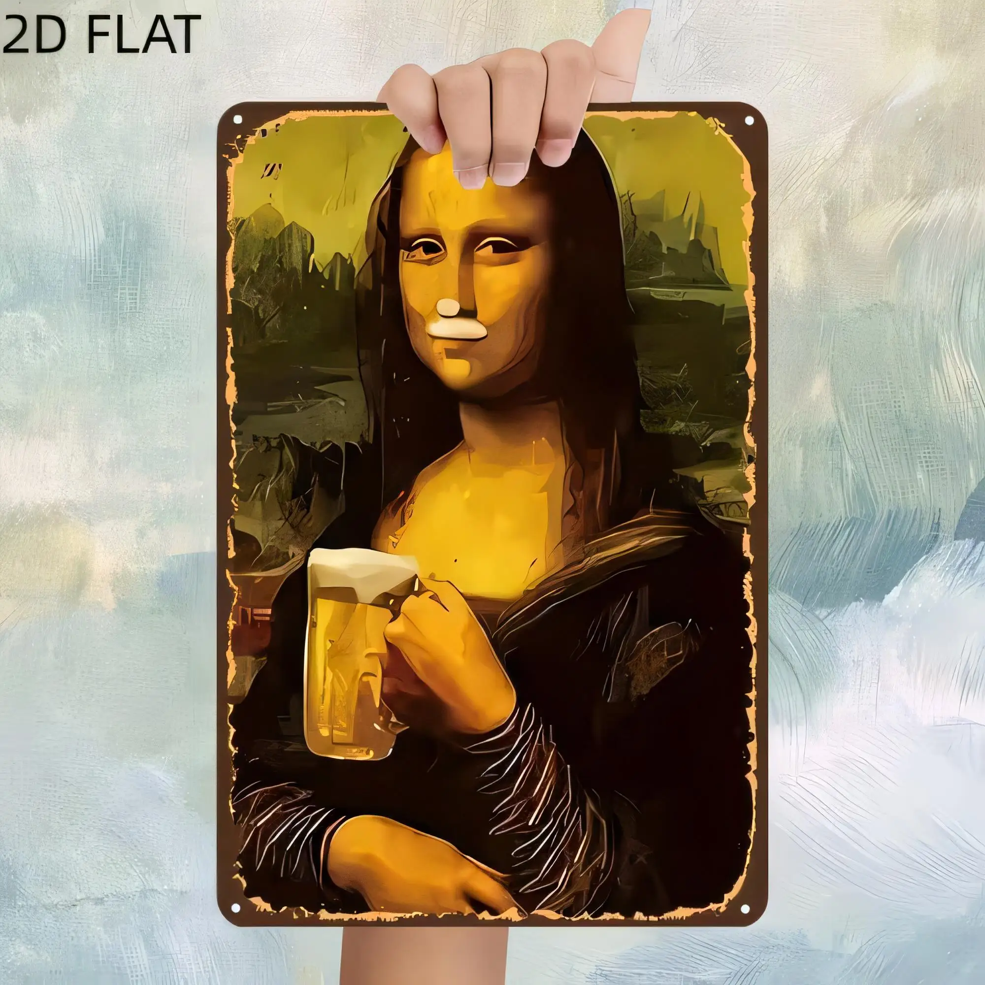 Tin Sign 2D Flat Vintage Mona Lisa Holding Beer Poster Metal Wall Art Decor for Bar Pub Man Cave Cafe Retro Aesthetic Rustic Pla