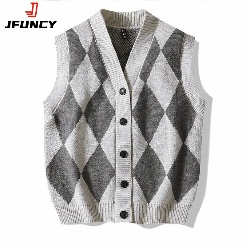 

JFUNCY Men Knit Vest Fashion Men's Oversize Knitted Cardigans V Neck Sleeveless Sweater Vest Male 2022 Autumn Winter Vests