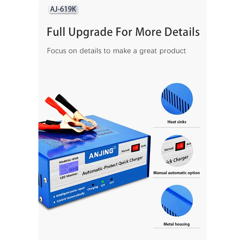 

ANJING Vehicles Battery Charger Automatic Smart Pulse Repair 110V-250V 200AH 12V 24V Lead Acid Battery Truck US Plug