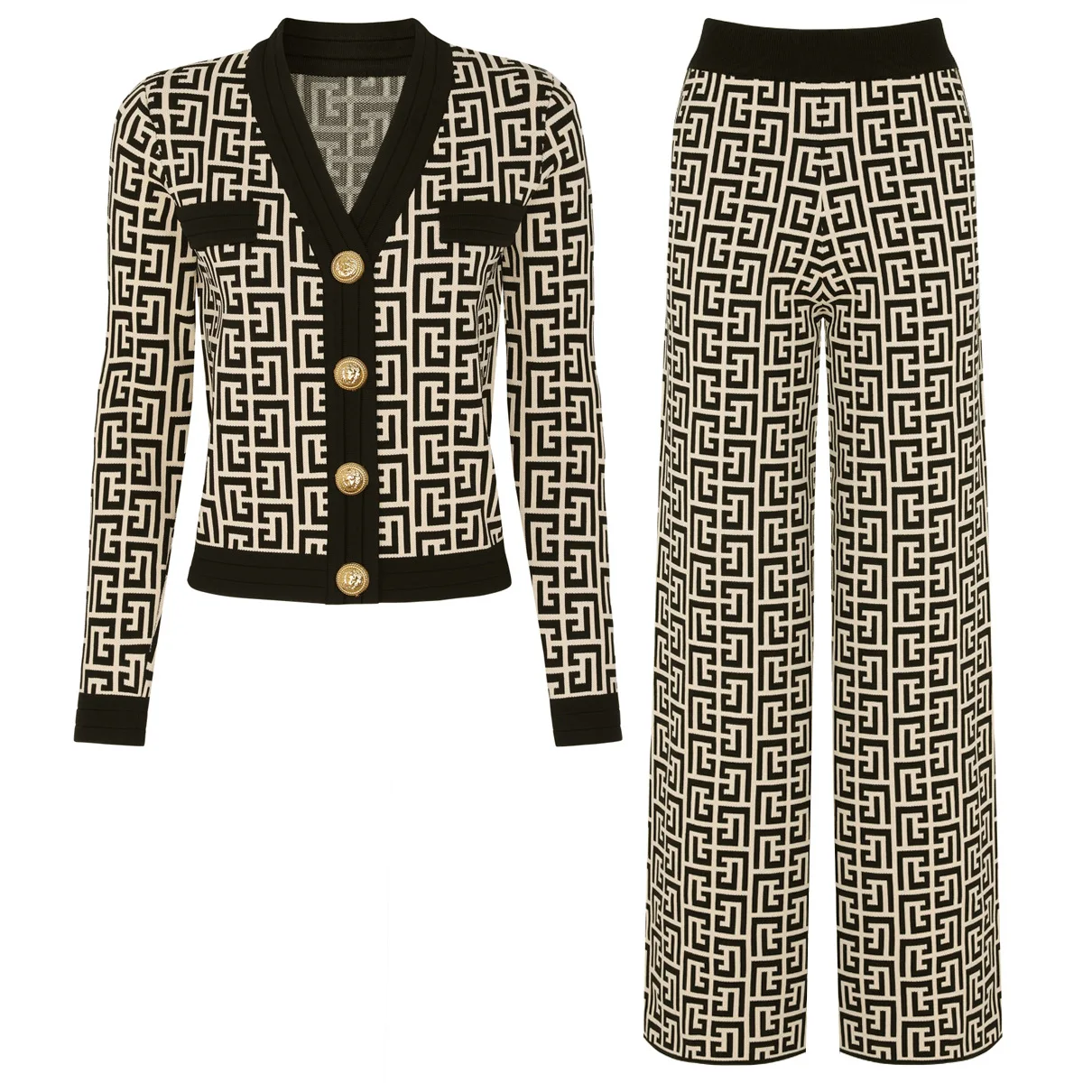 ZJYT Autunno Inverno Nuovi motivi geometrici Cardigan con scollo a V Maglioni Manica lunga Vintage Top Elastico in vita Pantaloni a gamba larga