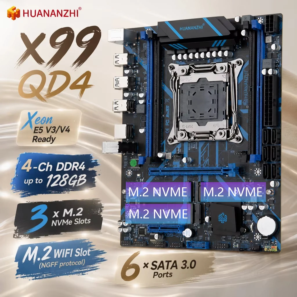 HUANANZHI X99 QD4 LGA2011-3 Motherboard combo kit 4×DDR4 RECC Max128GB 6×SATA3.0 3×M.2 NVME M.2 WIFI PCIe3.0 Xeon E5 V3 V4 M-ATX