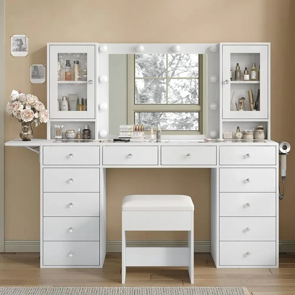 

55 Large Makeup Vanity Desk with Mirror, Lights, Power Outlet, Storage, and Stool - White