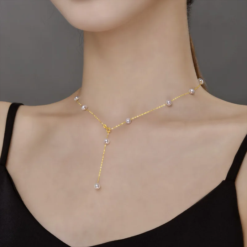 

NYMPH Real 18K Gold Jewelry Natural Pearl Necklace Pendnat Pure Au750 O Chain All Over The Sky Star Party Gift For Women X611