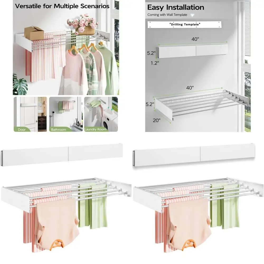 

40 Foldable Wall-Mounted Laundry Drying Rack, Indoor Collapsible Space-Saving Clothes Hanger with 6 Bars, White