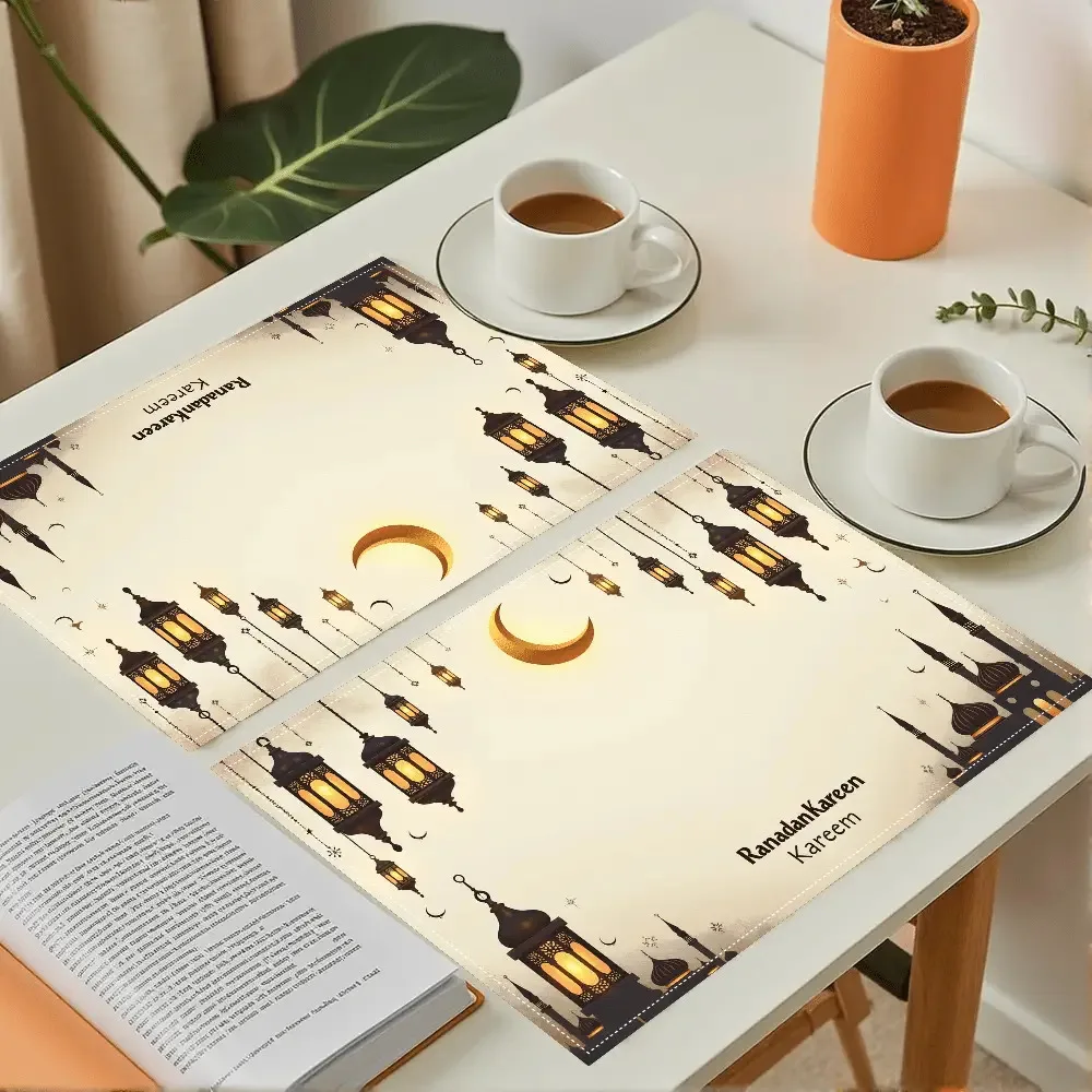2D Flat One Ramadan Placemats, Crescent Moon, Hexagonal Lantern Pattern Placemats, Mosque Placemats