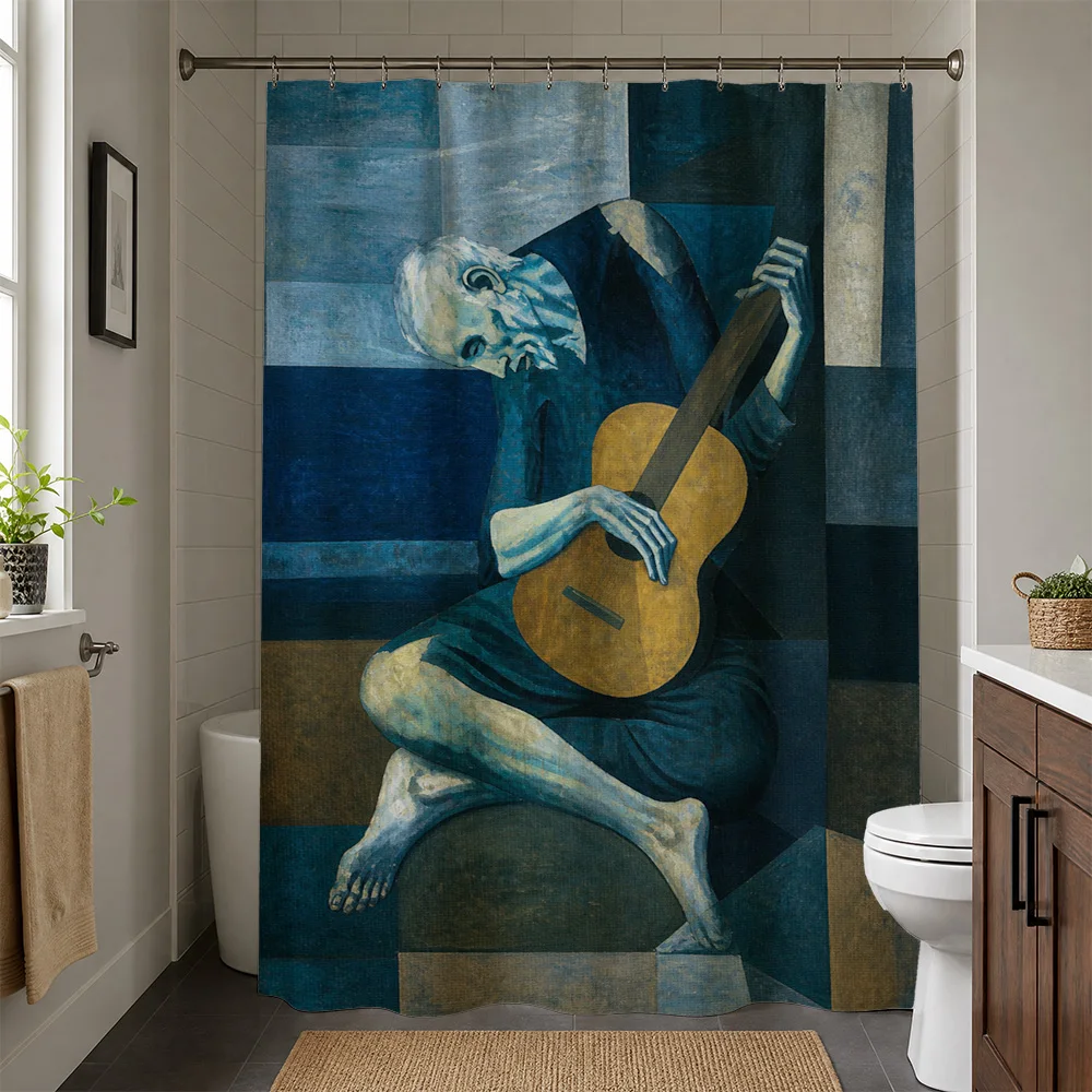 Waterproof shower curtain art print luxury bathroom decor masterpiece painting guitar music blue style mural wall liner home bat