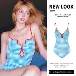 Fresh Loli Girl Ageing Blue Plaid Summer Halter Sexy Backless Skinny Spa One-piece Swimsuit