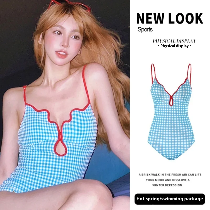 Fresh Loli Girl Ageing Blue Plaid Summer Halter Sexy Backless Skinny Spa One-piece Swimsuit