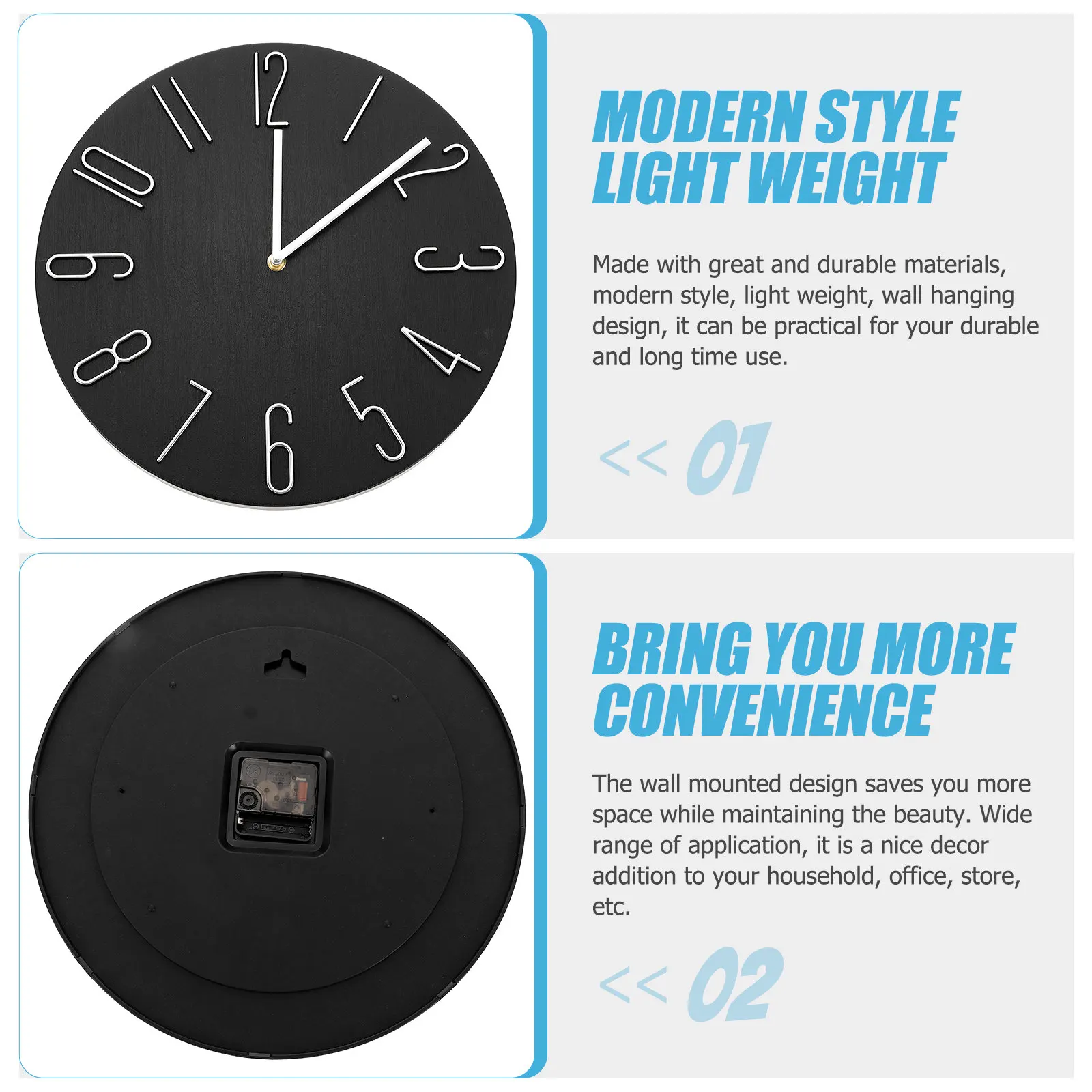 

35cm Black Minimalist Silent Wall Clock, Non-Ticking Round Modern Battery Operated Clock, for Living Room Home Office Kitchen