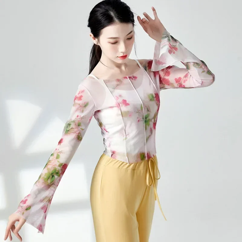 Printed modern folk dance practice clothes body rhyme yarn clothes basic training art test tops classical dance costumes