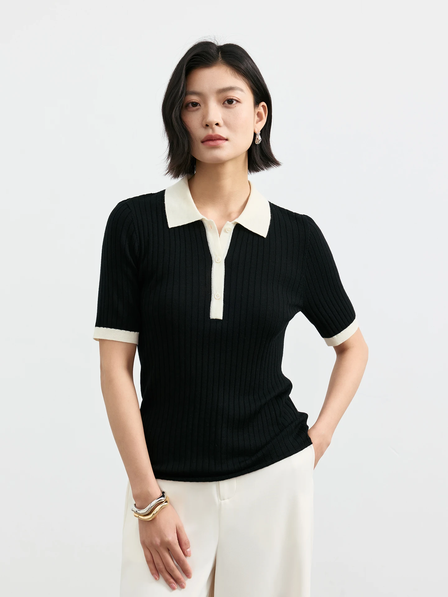 

MASJM 60-Strand Extrafine Wool Neck Knitted T-Shirt Slim Fit Drawstring Casual Style Women's Woolen Top Short Sleeve