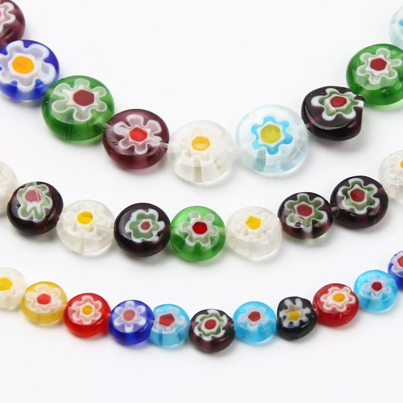 Millefiori Lampwork Flowers Beads Glazed Glass Beads Flat Round Loose Spacer Beads for Jewelry Making DIY Crafts Accessories