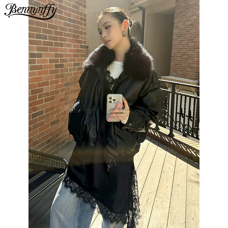 Benuynffy 2025, Herbst-Winter, Schwarz, mit Reißverschluss, Kunstleder, Jacke, Damen, Streetwear, abnehmbarer Pelzkragen, dick, warm, modisch, Outwears