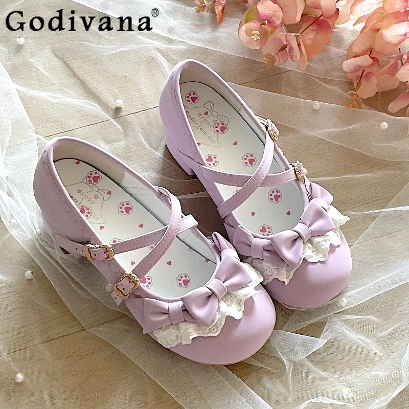 

Women's Elegant Lolita Shoes Sweet Girl Round Toe Mary Jane Purple Lolita Shoes Female Japanese Style Cute Bow Design Shoes
