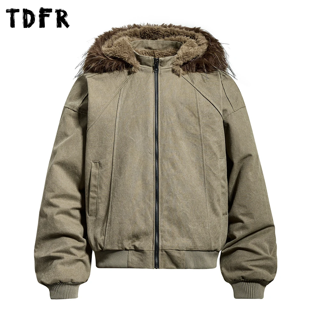Solid Color Spliced Hooded Cargo Padded Jacket Mens Winter Casual Retro Loose Long Sleeve Removable Hat Thick Outerwear Man