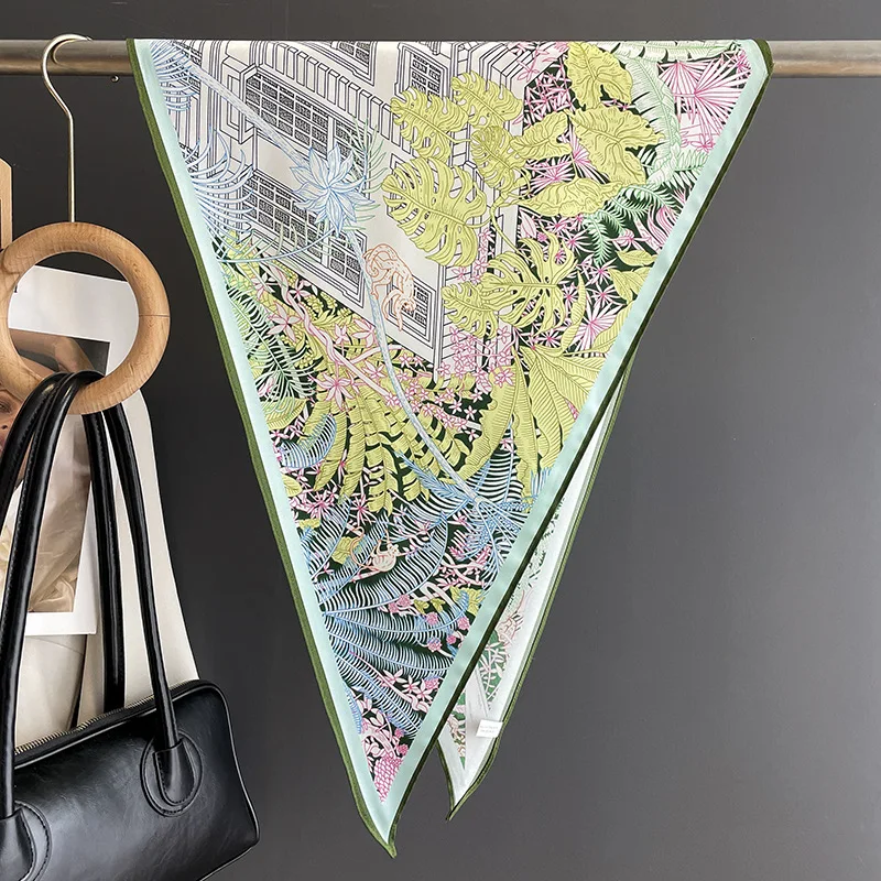 Summer Light Thin Imitation Silk Diamond Scarf Key Print Temperament Green Small Neck Scarf Shirt Scarves Women Neck Protection