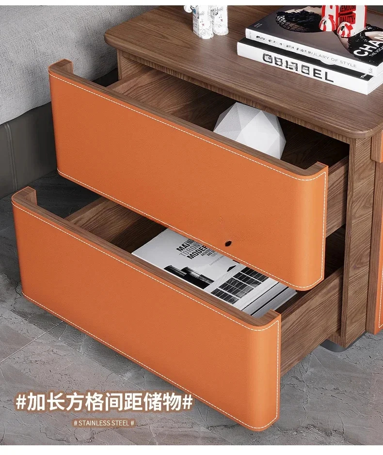 Light luxury saddle leather bedside table household small apartment high-end solid wood storage side cabinet