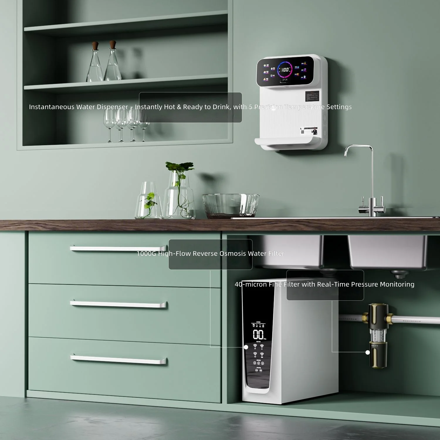 RO Water Filter System, 3-in-1 Home Purifier, Instant Hot Water, Multi-Function Pre-Filter, Under Sink Installation