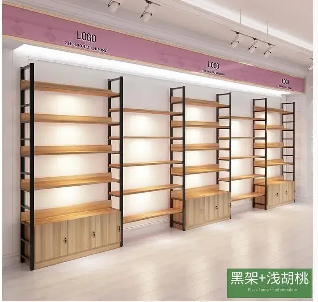 Bookshelf shelf floor multilayer storage rack Steel and wood shelf display cabinet Clapboard shelf product display cabinet