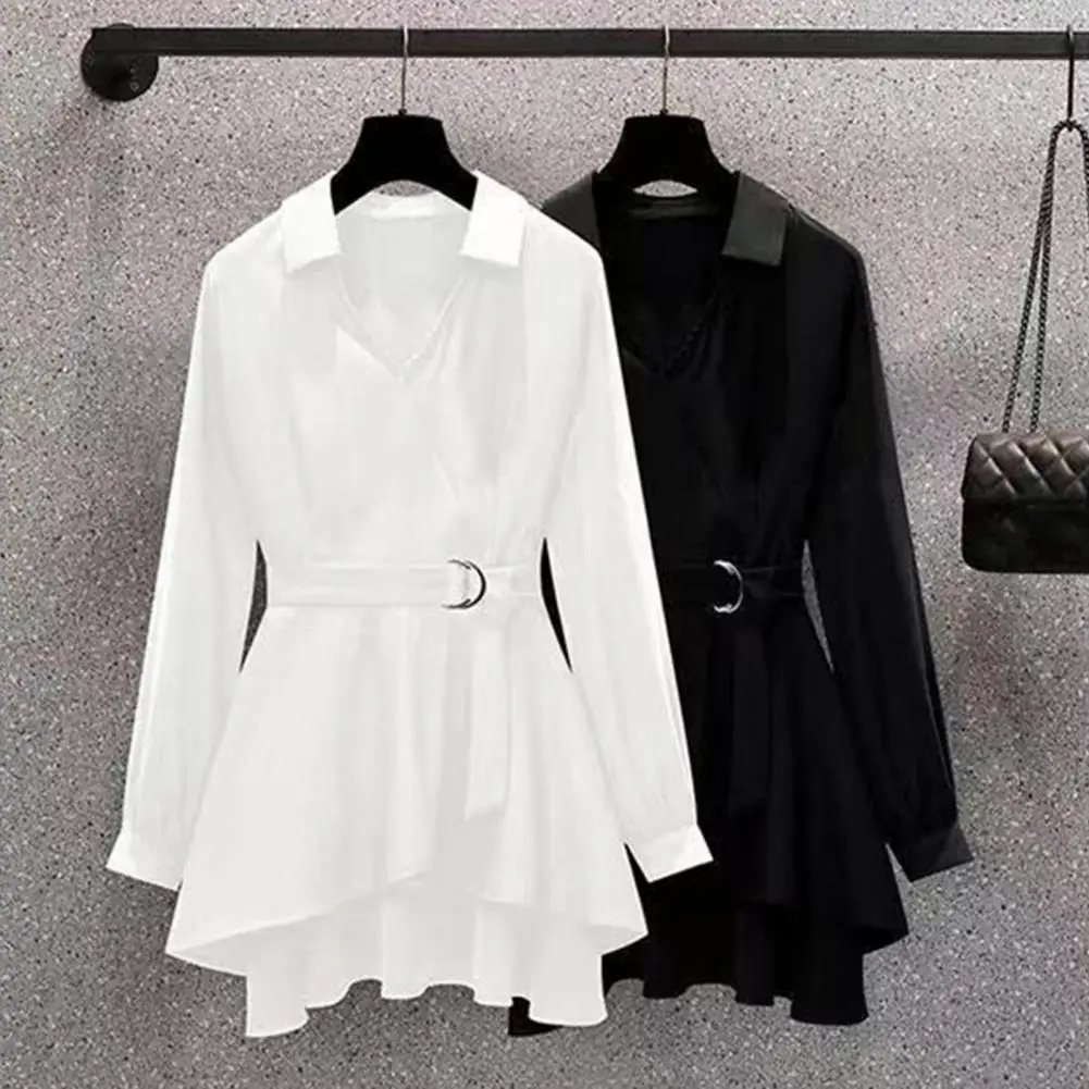 Spring Fall Women Mid-length Shirt Lapel Long Sleeve Waist Tight Belt Pullover Tops  Solid Color Irregular Hem Lady Shirt