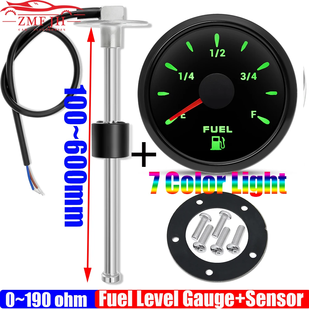 Custom 100~550mm Fuel Level Sensor+52mm Fuel Level Gauge 7 Color Light Waterproof Oil Meter Indicator 0-190ohm for Car Boat