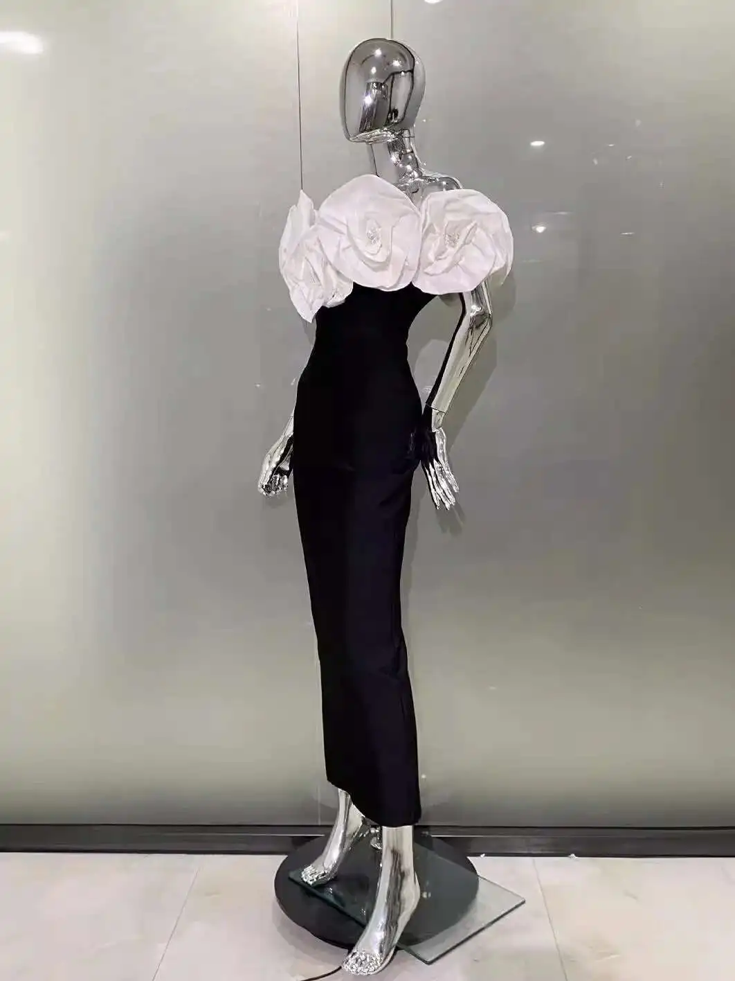 LEOSOXS Elegant Evening Club Party Dress Women Celebrity Sexy Off Shoulder Flower Diamonds Black Maxi Long Bodycon Bandage Dress