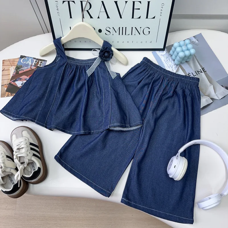 

Children's Denim Set New Summer Girls Cute Sweet Denim Suspender Skirt Wide-leg Pants Two-piece Set
