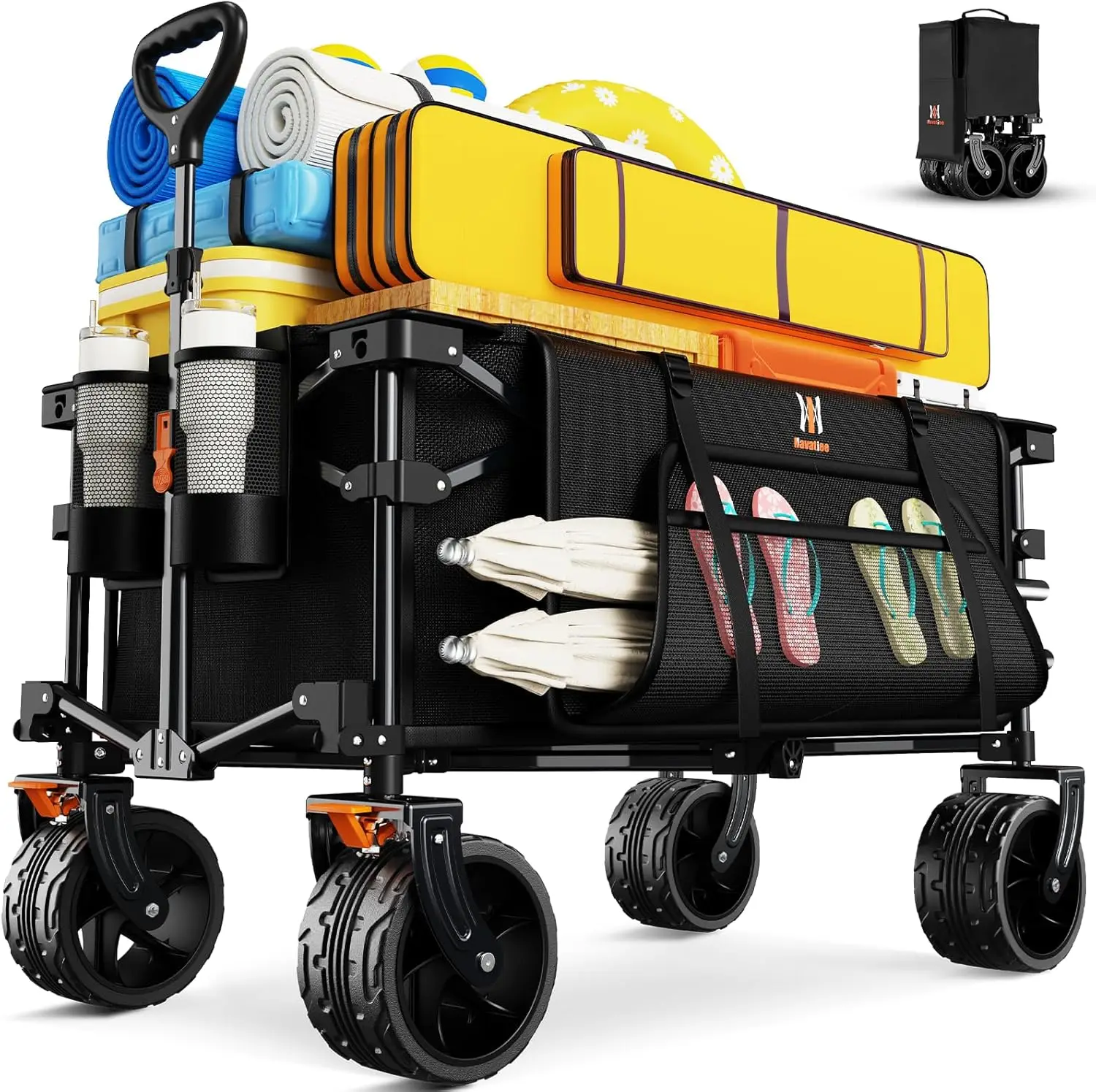 

Big Wheels Collapsible Wagon Cart Foldable Heavy Duty Beach Wagon with Silent All-Terrain Wheels Folding Utility Grocery Cart wi
