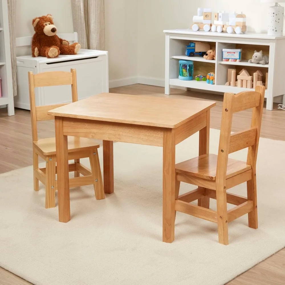 Solid Wood Table and 2 Chairs Set - Light Finish Furniture for Playroom,Blonde