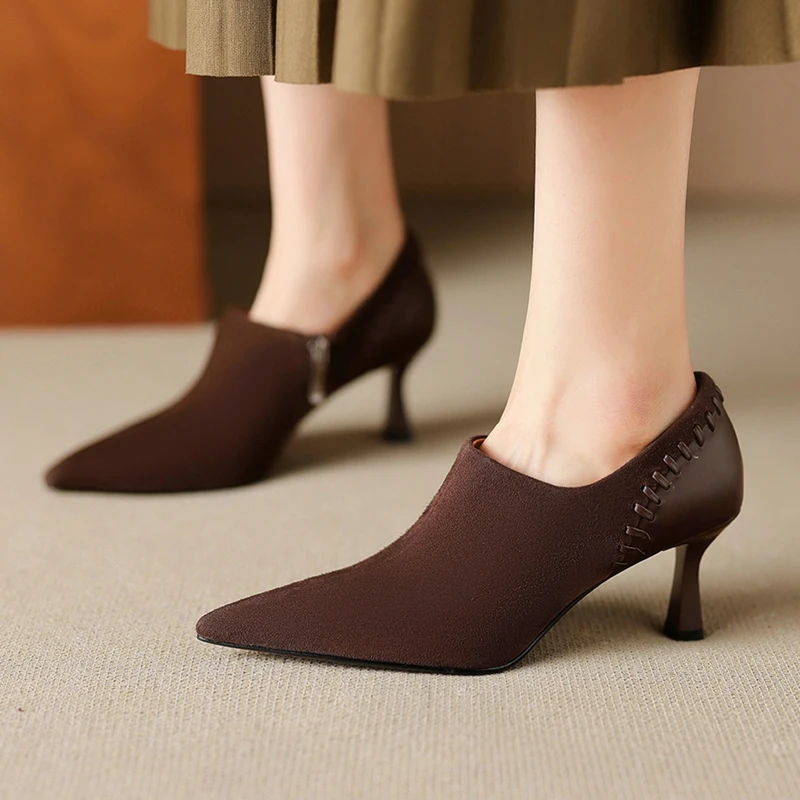

Women's new spring and autumn genuine leather sheep suede pointed retro high heels deep mouth fashion shoes work shoes