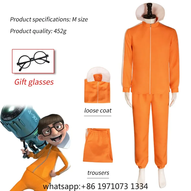 Movie Vector Cosplay Costume Orange Jakect Pant Glasses Outfits Set Mushroom-shaped Wig Halloween Fancy Suit Party Suit