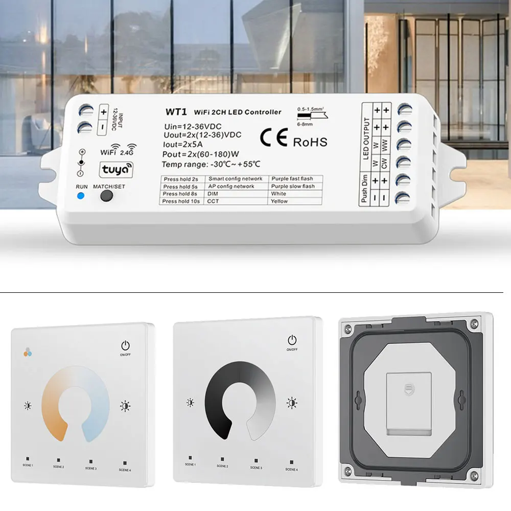 2 in1 Tuya Smart Life WiFi LED kontroler 12V 24V ściemniacz ct WWCW Strip Light 2.4G 4-strefowy Panel dotykowy RF pilot do Alexa Google