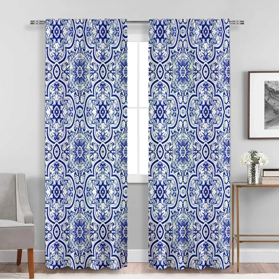2PCS Blue White Porcelain Print Curtains, Moroccan Tile Pattern Floral Window Drapes for Bedroom Living Room Home Decor