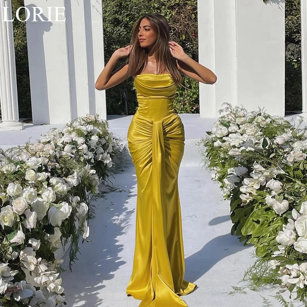 

LORIE Elegant Sunflower Yellow Bridesmaid Dresses Strapless Mermaid Draped Ribbons 2025 Satin Wedding Party Prom Gown Customized