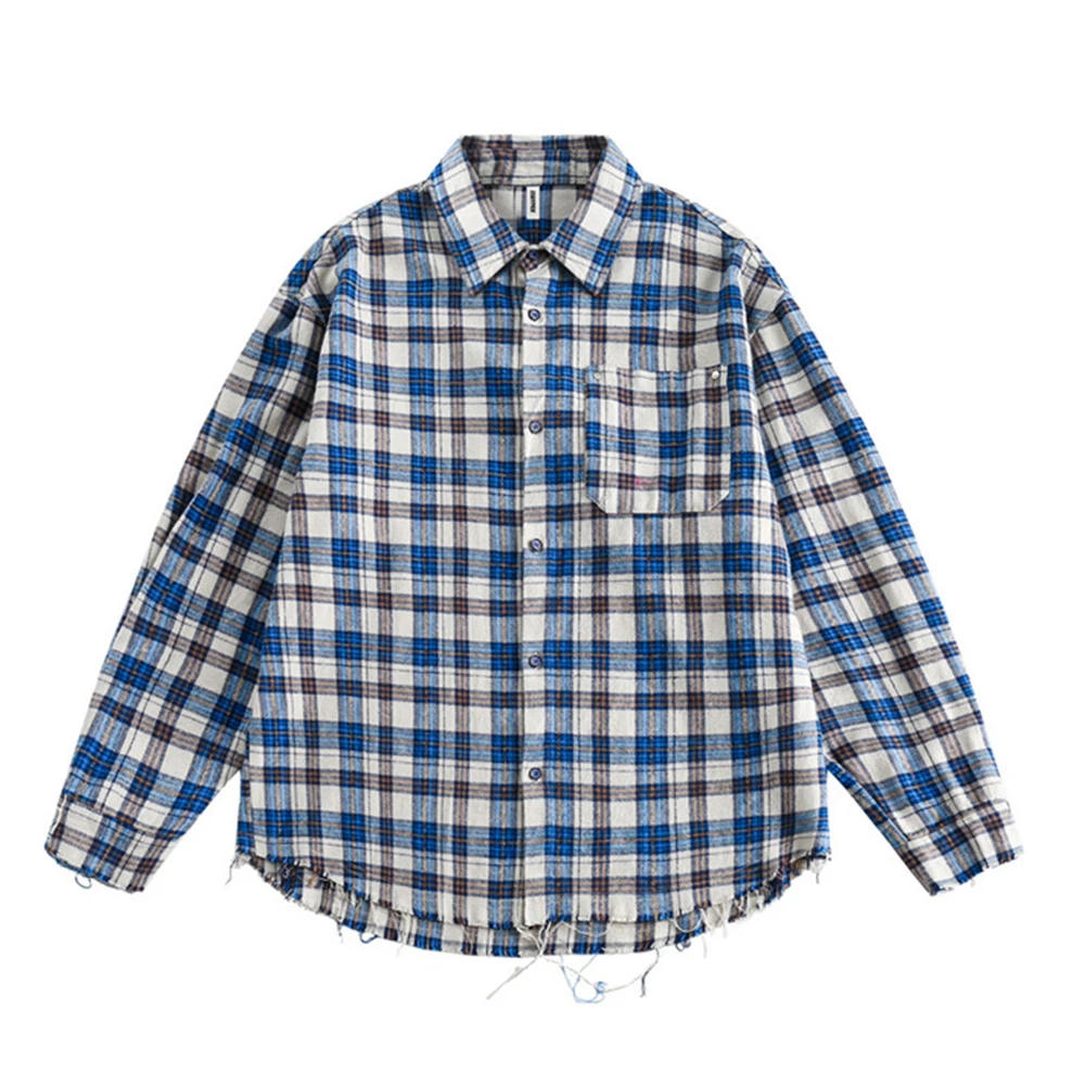 

Small Blue Plaid Flannel Shirt Men Women Unlock Hemline Turn-down Casual Shirts for Man