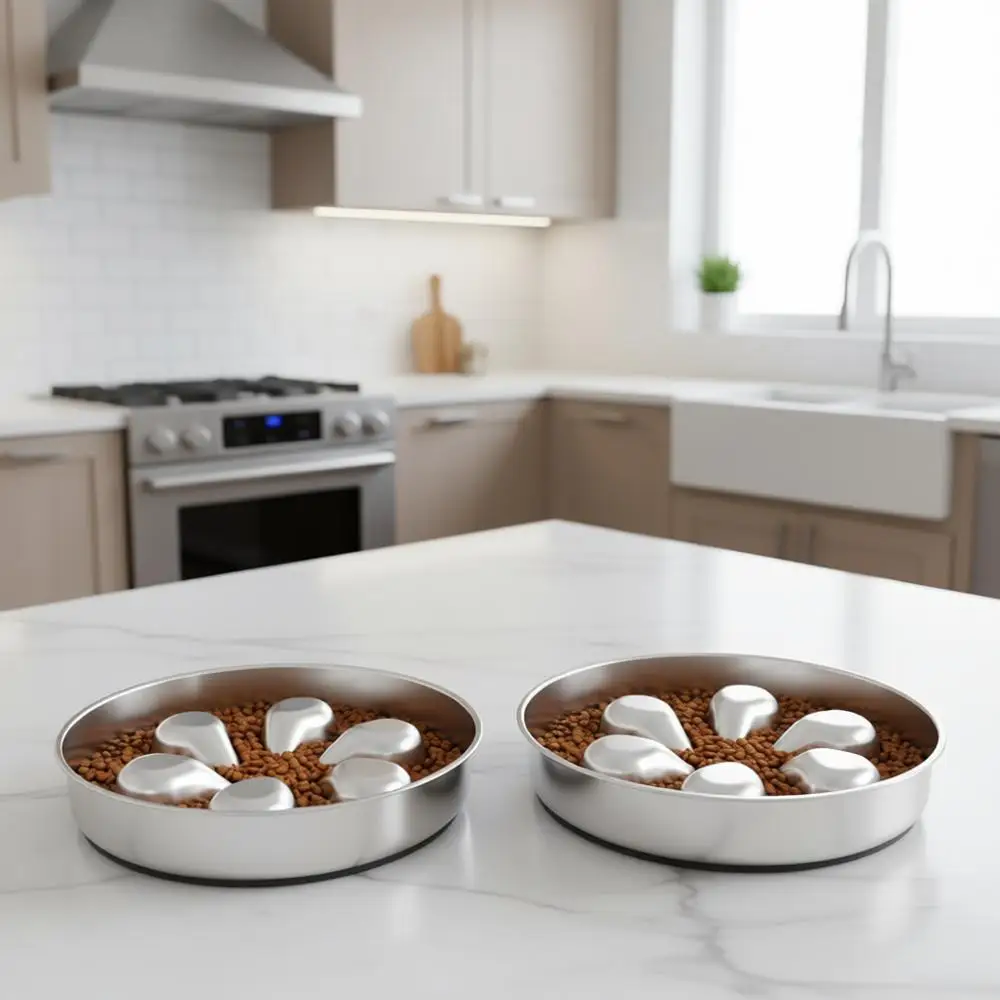 

Миска для медленного кормления собак — 3,5 стакана для крупных пород, из пищевой нержавеющей стали 304, с нескользящим основанием, лабиринтная миска для замедления приема пищи