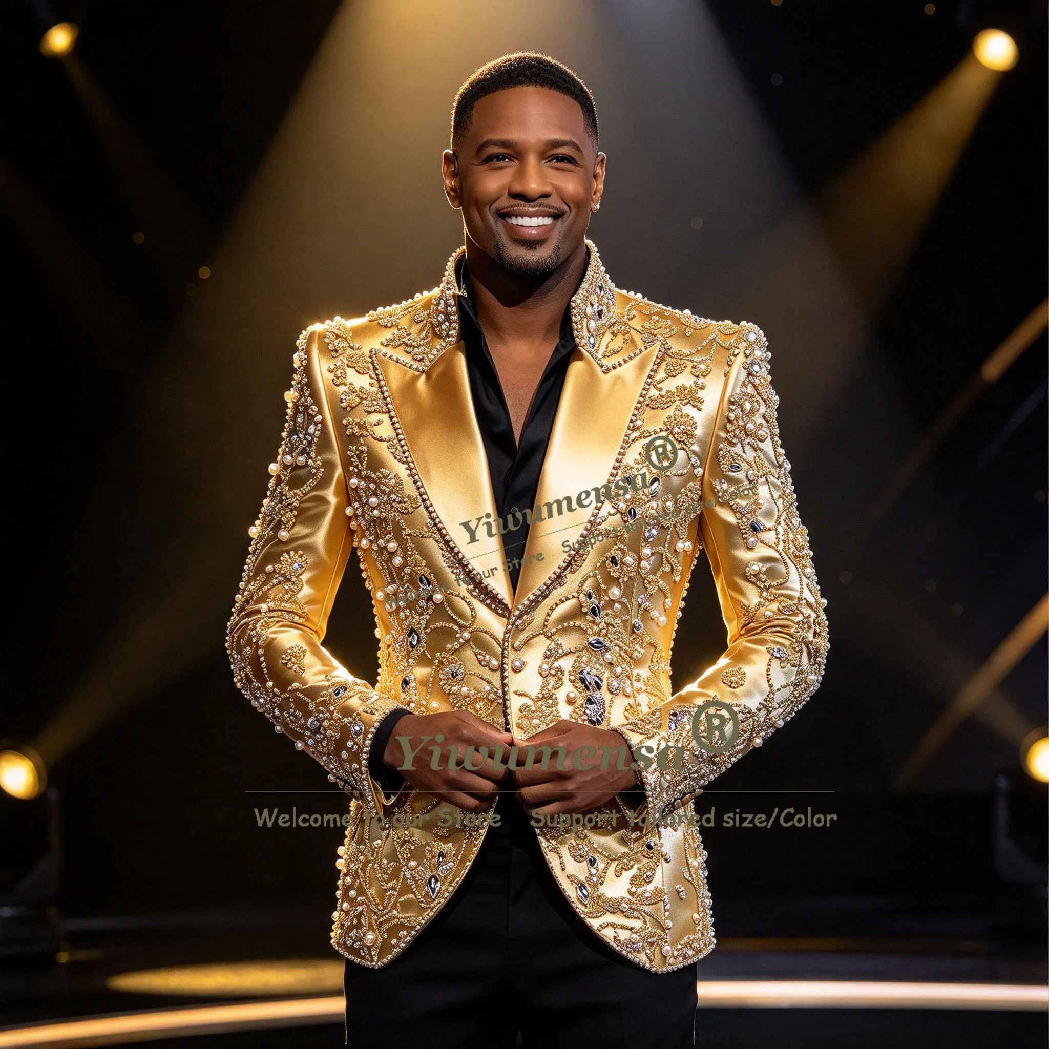 Luxury Man Banquet Tuxedos Suit Set For Wedding Sparkly Beading Stones Satin Jacket With Black Trousers 2 Pieces Groom Outfit