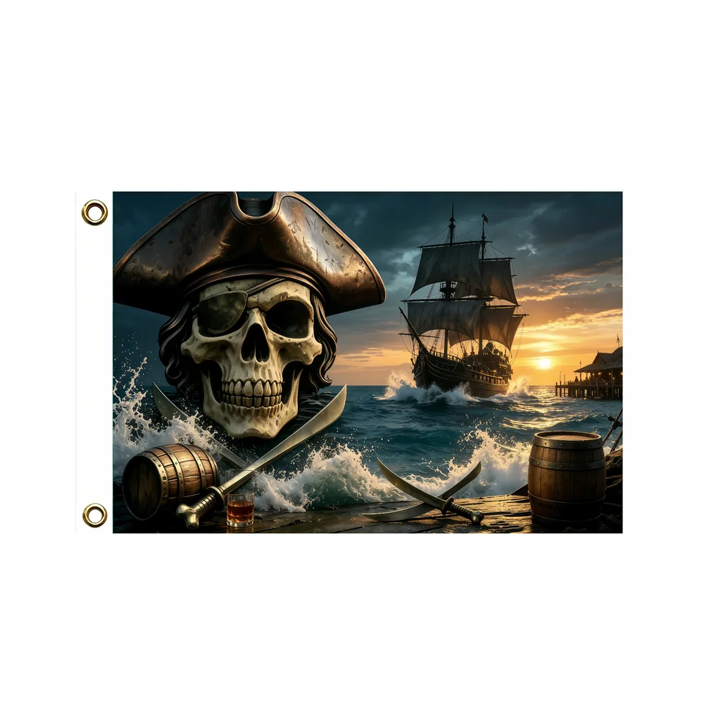 Pirate Skull Ship Crossed Swords Flag Jolly Roger Buccaneer Polyester Banner 2x3ft 3x5ft Sunset Sea Ocean Outdoor Wall Decor